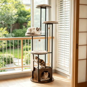 72 inch high multi story cat apartment with removable and washable floor mats, indoor and outdoor cat troughs