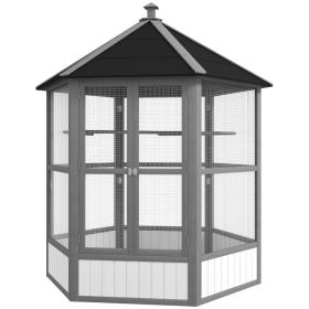 69" Wooden Hexagonal Outdoor Aviary Flight Bird Cage With Covered Roof, Light Gray (Option: Light Gray-880x150x790 mm)
