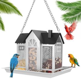 1Pc  Metal Hanging Bird Feeder House Classic Barn Bird Feeder House Iron Hanging Outdoor Feeder With Visible Window And Lift Top Lid 15.75in Hang (Option: White)