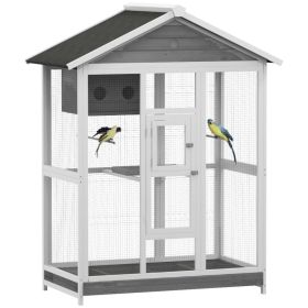 64.5" Wooden Bird Cage Aviary, Flight Cage with 4 Perches, Nest and Slide-Out Tray for Indoor/Outdoor, Gray (Option: Gray-1290x790x145 mm)