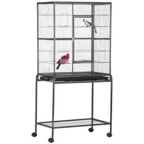 30" Rolling Metal Bird Cage Feeder with Detachable Rolling Stand, Storage Shelf, Wood Perch & Food Container (Option: Black and Gray-1000x825x120 mm)