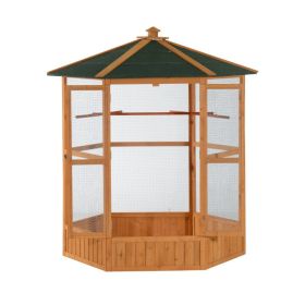 69" Wooden Hexagonal Outdoor Aviary Flight Bird Cage With Covered Roof, Brown (Option: Brown-880x150x790 mm)