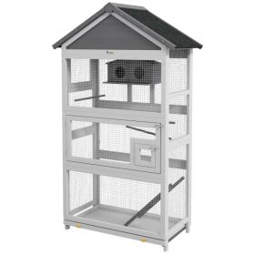 Wooden Bird Aviary with Slide-Out Tray, Birdhouse, Ladder, Perches for Finches, Parakeets, Gray (Option: Gray-865x300x540 mm)