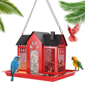 1Pc  Metal Hanging Bird Feeder House Classic Barn Bird Feeder House Iron Hanging Outdoor Feeder With Visible Window And Lift Top Lid 15.75in Hang (Option: RED)