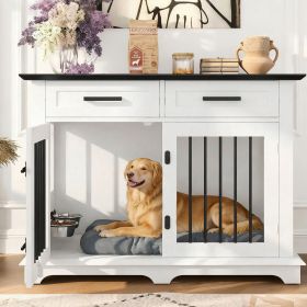 44.48" Large Dog Crate Furniture, Indoor Wooden Dog Kennel End Table with 2 Storage Drawers and Rotating Bowls (Color: Black,White)