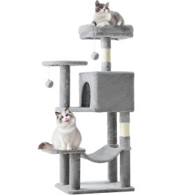 44 inch Cat Tree Tower, Multi-Cat Climbing Tower with, Natural Sisal Scratching Posts, Extended Platform, Hammock (Color: Light Grey)