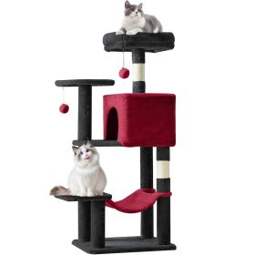 44 inch Cat Tree Tower, Multi-Cat Climbing Tower with, Natural Sisal Scratching Posts, Extended Platform, Hammock (Color: Black Red)