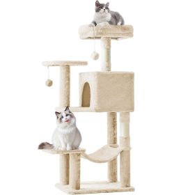 44 inch Cat Tree Tower, Multi-Cat Climbing Tower with, Natural Sisal Scratching Posts, Extended Platform, Hammock (Color: Beige)