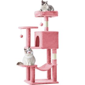 44 inch Cat Tree Tower, Multi-Cat Climbing Tower with, Natural Sisal Scratching Posts, Extended Platform, Hammock (Color: Pink)