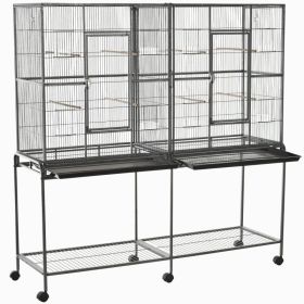 Rolling 65"L Bird Cage w/ Storage Shelf Wood Perch Food Container (Option: Black, Gray-1005x833x200 mm)