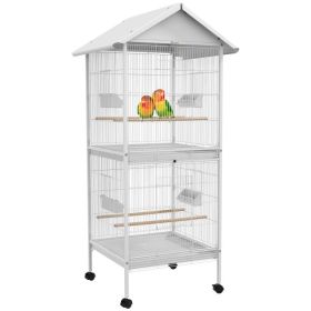 Wrought Metal Bird Cage Feeder with Rolling Stand Perches Food Containers Doors Wheels 67" H, White (Option: White-1510x690x165 mm)